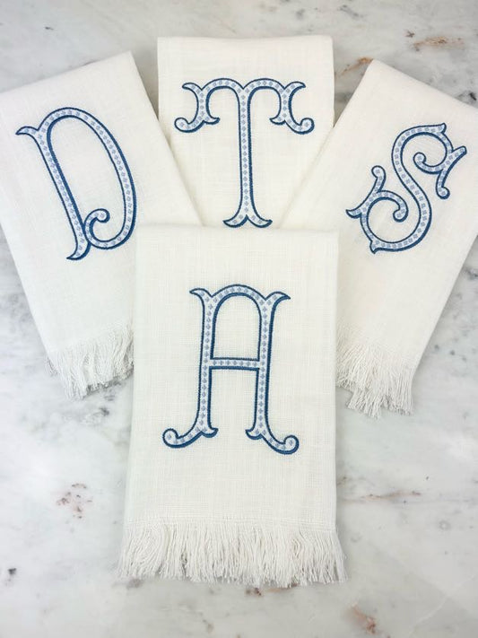 White Fringe with Blue Initial Towel Kitchen Towels in Blue at Wrapsody