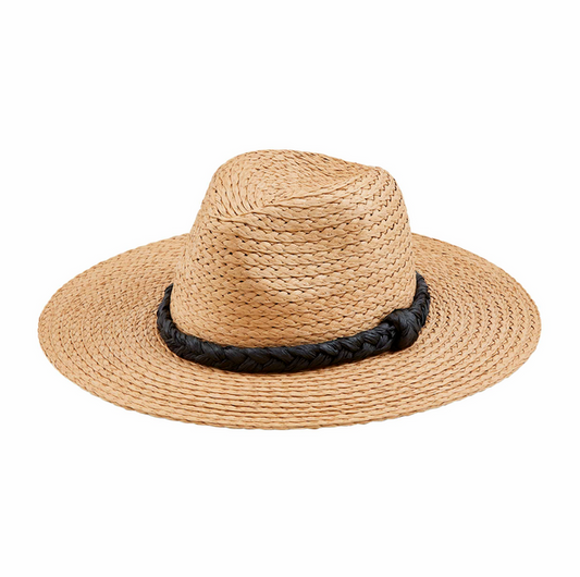 Braided Straw Tan/Black Fedora Hat Hair Accessories in  at Wrapsody