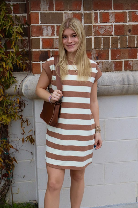 Striped Mocha Dress Dresses in M at Wrapsody