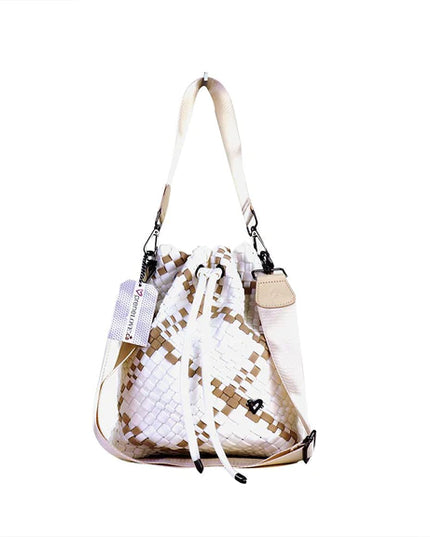 PreneLove Banff Woven Bucket Bag Totes in White/Tan at Wrapsody