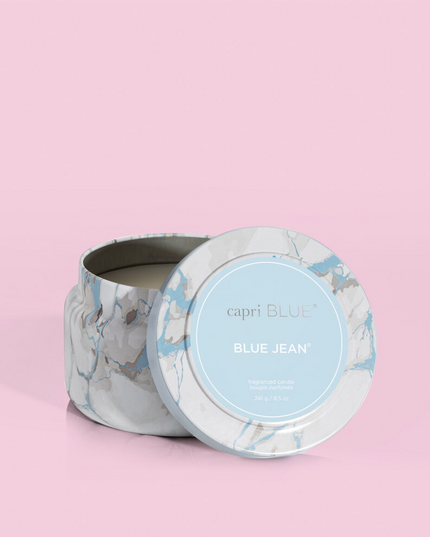 Capri Blue Modern Marble Tin 8.5oz Candle Candles in Blue Jean at Wrapsody