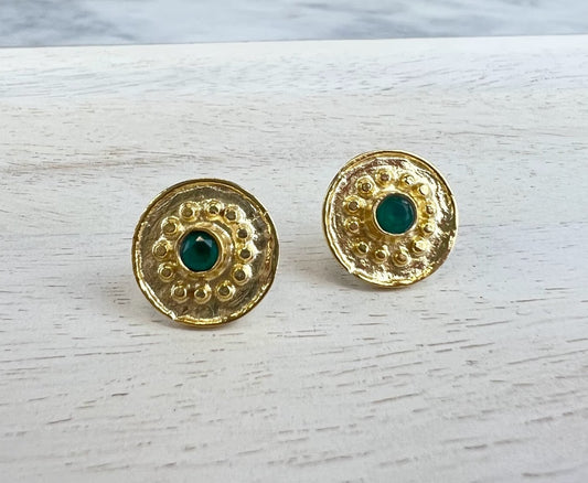 Dots Gold Stud Earring Earrings in Emerald at Wrapsody