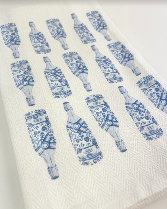 Blue Champagne Bottles Herringbone Towel Kitchen Towels in  at Wrapsody