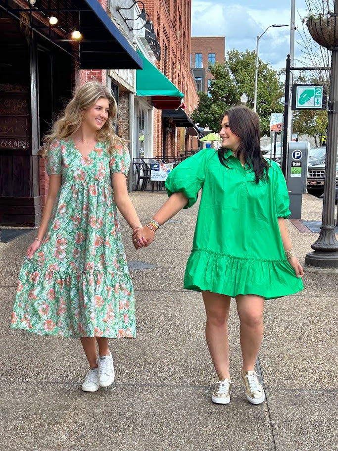 A Floral Daydream Midi Dress - Green/Coral Dresses in  at Wrapsody