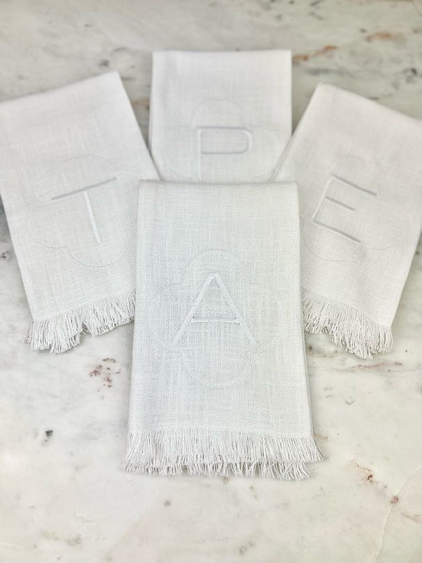 White Fringe Initial Tea Towel Kitchen Towels in A at Wrapsody
