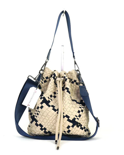 PreneLove Banff Woven Bucket Bag Totes in Tan/Navy at Wrapsody