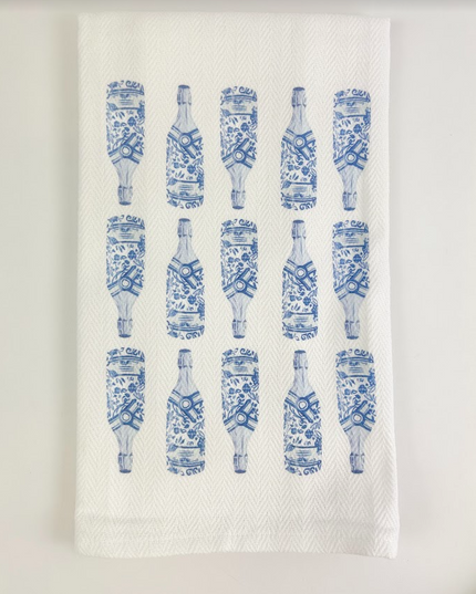 Blue Champagne Bottles Herringbone Towel Kitchen Towels in  at Wrapsody