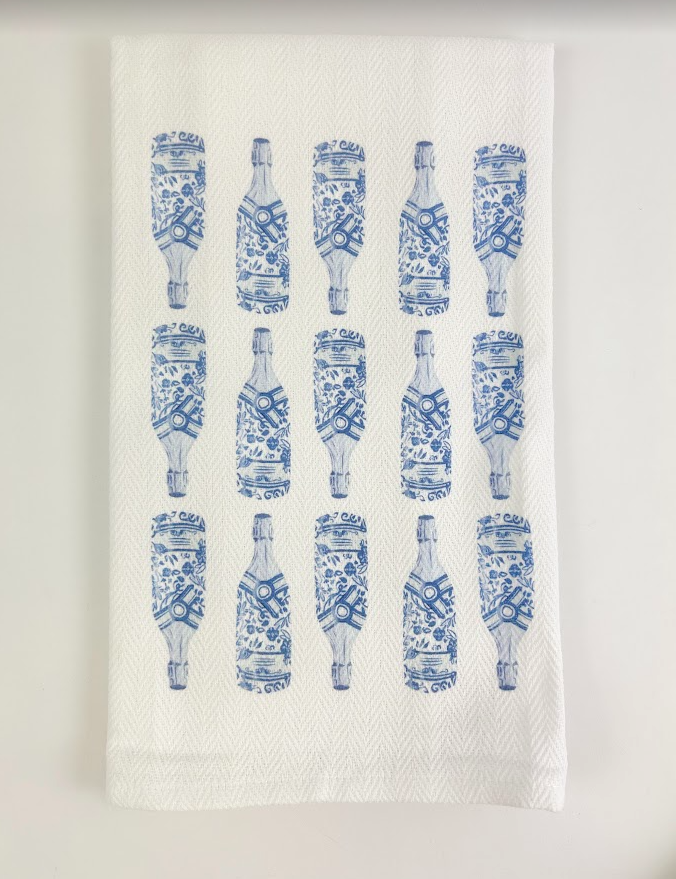 Blue Champagne Bottles Herringbone Towel Kitchen Towels in  at Wrapsody